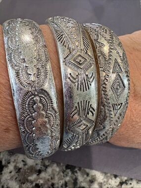 Hand-Stamped Silver-Tone Cuff Bracelets - Set of 3